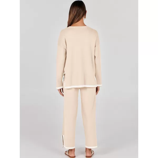 imageANRABESS Womens 2 Piece Outfits Long Sleeve Knit Sweater Top Wide Leg Pants Casual Lounge Sets Travel TracksuitsBeige