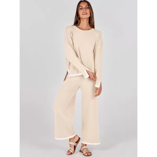 imageANRABESS Womens 2 Piece Outfits Long Sleeve Knit Sweater Top Wide Leg Pants Casual Lounge Sets Travel TracksuitsBeige