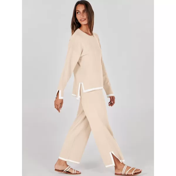 imageANRABESS Womens 2 Piece Outfits Long Sleeve Knit Sweater Top Wide Leg Pants Casual Lounge Sets Travel TracksuitsBeige