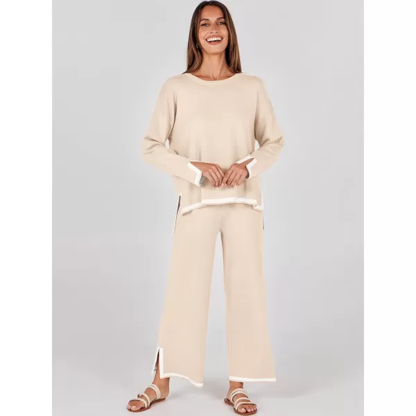 imageANRABESS Womens 2 Piece Outfits Long Sleeve Knit Sweater Top Wide Leg Pants Casual Lounge Sets Travel TracksuitsBeige