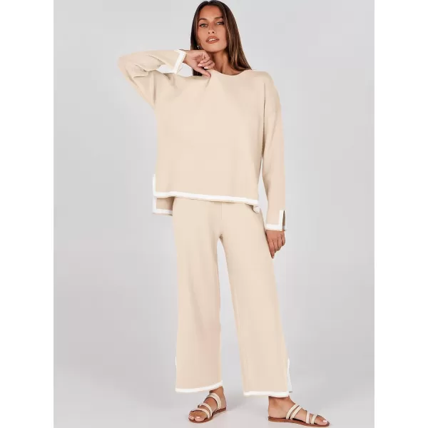 imageANRABESS Womens 2 Piece Outfits Long Sleeve Knit Sweater Top Wide Leg Pants Casual Lounge Sets Travel TracksuitsBeige