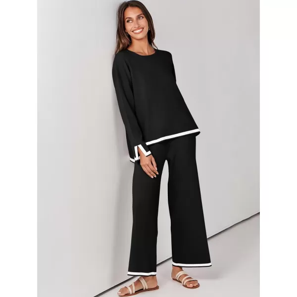 imageANRABESS Womens 2 Piece Outfits Long Sleeve Knit Sweater Top Wide Leg Pants Casual Lounge Sets Travel TracksuitsBlack