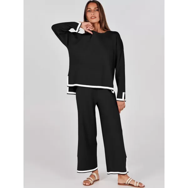 imageANRABESS Womens 2 Piece Outfits Long Sleeve Knit Sweater Top Wide Leg Pants Casual Lounge Sets Travel TracksuitsBlack