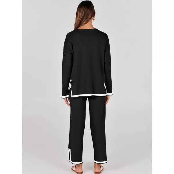 imageANRABESS Womens 2 Piece Outfits Long Sleeve Knit Sweater Top Wide Leg Pants Casual Lounge Sets Travel TracksuitsBlack