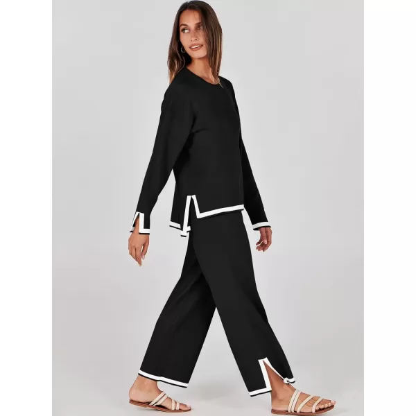 imageANRABESS Womens 2 Piece Outfits Long Sleeve Knit Sweater Top Wide Leg Pants Casual Lounge Sets Travel TracksuitsBlack