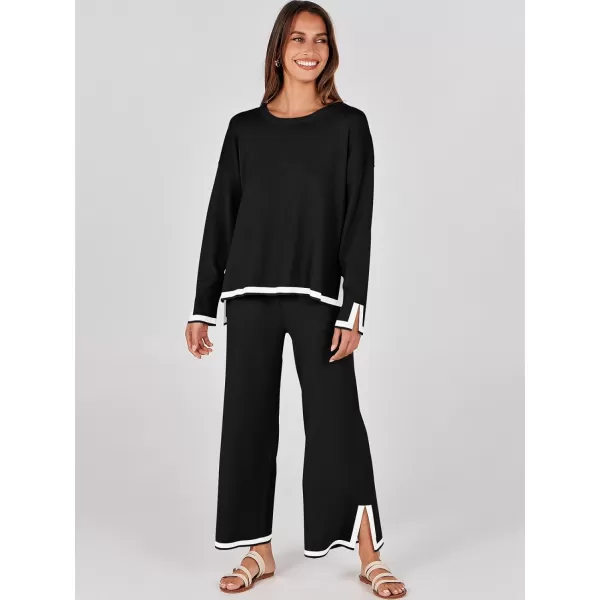 imageANRABESS Womens 2 Piece Outfits Long Sleeve Knit Sweater Top Wide Leg Pants Casual Lounge Sets Travel TracksuitsBlack