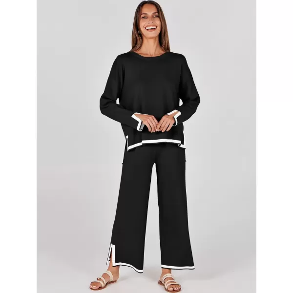 imageANRABESS Womens 2 Piece Outfits Long Sleeve Knit Sweater Top Wide Leg Pants Casual Lounge Sets Travel TracksuitsBlack