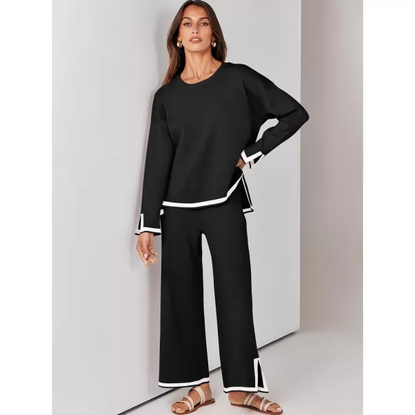imageANRABESS Womens 2 Piece Outfits Long Sleeve Knit Sweater Top Wide Leg Pants Casual Lounge Sets Travel TracksuitsBlack
