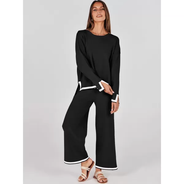 imageANRABESS Womens 2 Piece Outfits Long Sleeve Knit Sweater Top Wide Leg Pants Casual Lounge Sets Travel TracksuitsBlack