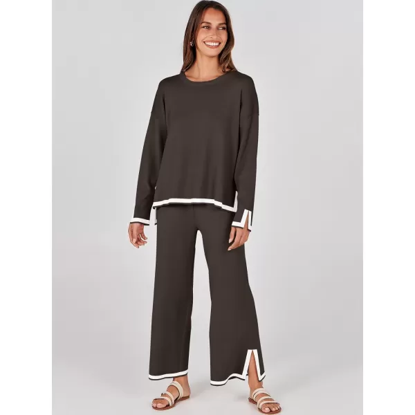 imageANRABESS Womens 2 Piece Outfits Long Sleeve Knit Sweater Top Wide Leg Pants Casual Lounge Sets Travel TracksuitsCoffee