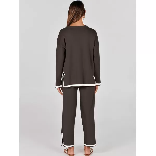 imageANRABESS Womens 2 Piece Outfits Long Sleeve Knit Sweater Top Wide Leg Pants Casual Lounge Sets Travel TracksuitsCoffee