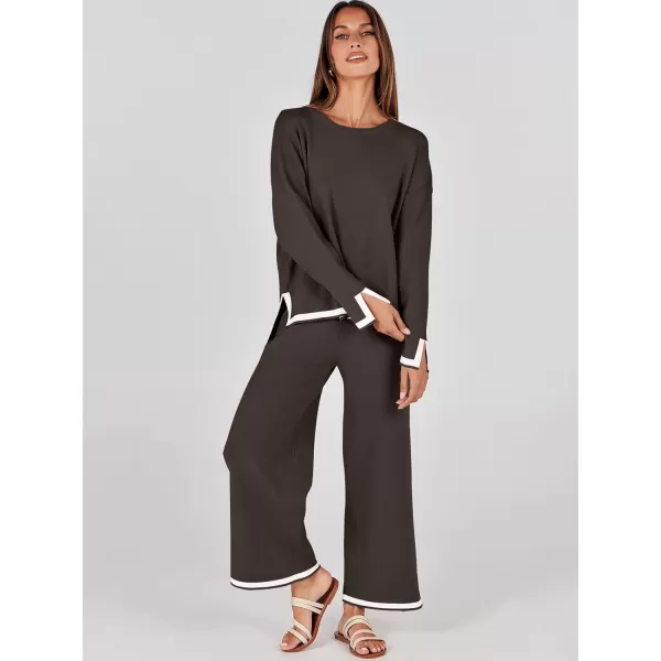 imageANRABESS Womens 2 Piece Outfits Long Sleeve Knit Sweater Top Wide Leg Pants Casual Lounge Sets Travel TracksuitsCoffee