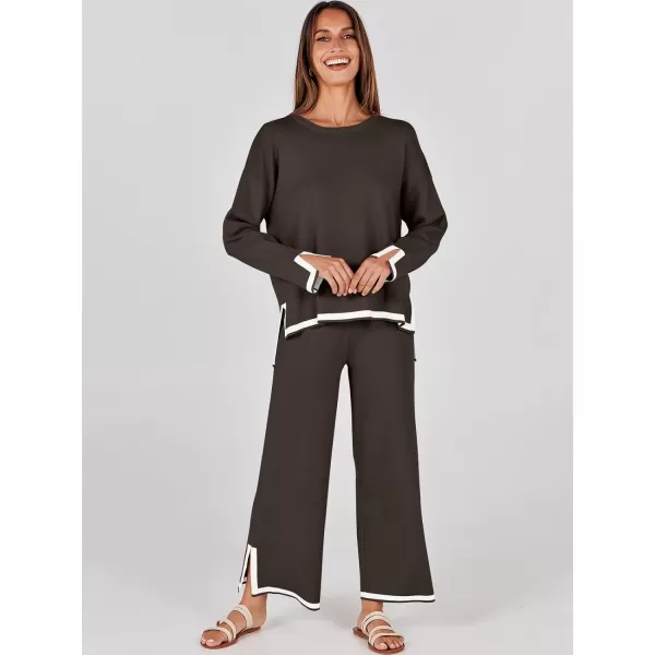 imageANRABESS Womens 2 Piece Outfits Long Sleeve Knit Sweater Top Wide Leg Pants Casual Lounge Sets Travel TracksuitsCoffee