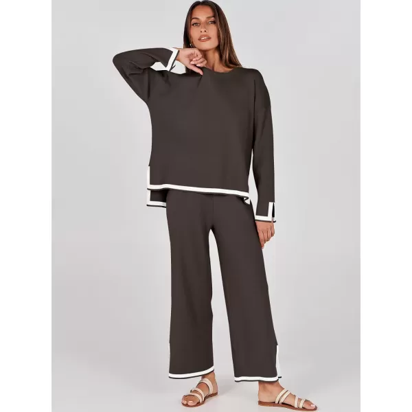 imageANRABESS Womens 2 Piece Outfits Long Sleeve Knit Sweater Top Wide Leg Pants Casual Lounge Sets Travel TracksuitsCoffee