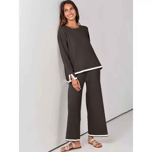 imageANRABESS Womens 2 Piece Outfits Long Sleeve Knit Sweater Top Wide Leg Pants Casual Lounge Sets Travel TracksuitsCoffee