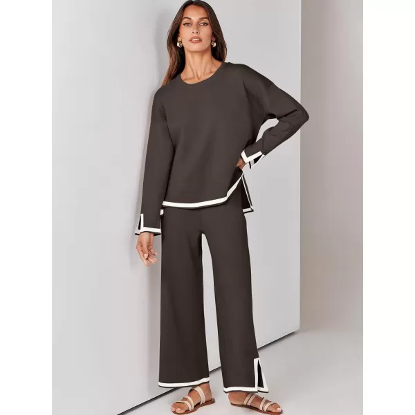 imageANRABESS Womens 2 Piece Outfits Long Sleeve Knit Sweater Top Wide Leg Pants Casual Lounge Sets Travel TracksuitsCoffee