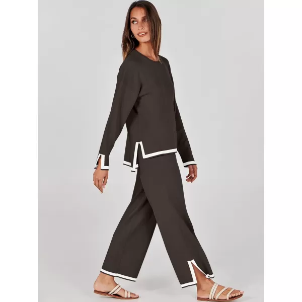 imageANRABESS Womens 2 Piece Outfits Long Sleeve Knit Sweater Top Wide Leg Pants Casual Lounge Sets Travel TracksuitsCoffee