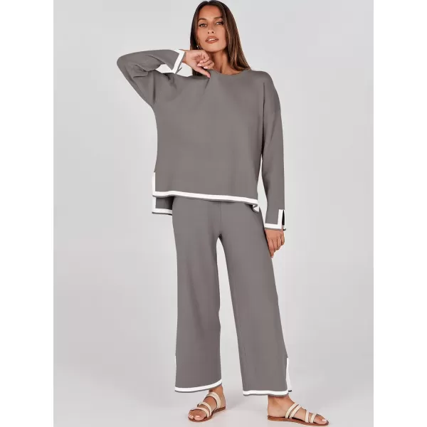 imageANRABESS Womens 2 Piece Outfits Long Sleeve Knit Sweater Top Wide Leg Pants Casual Lounge Sets Travel TracksuitsCoffee Grey