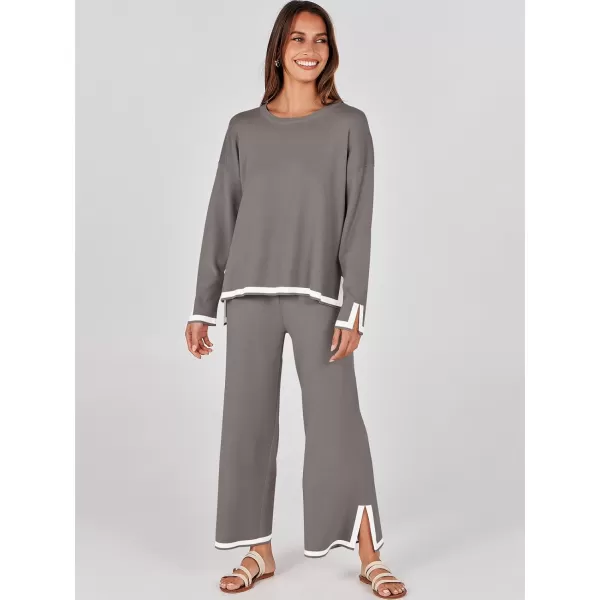 imageANRABESS Womens 2 Piece Outfits Long Sleeve Knit Sweater Top Wide Leg Pants Casual Lounge Sets Travel TracksuitsCoffee Grey