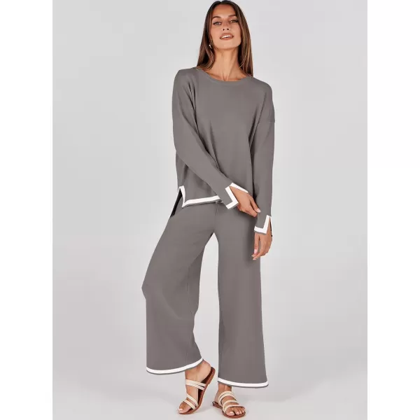 imageANRABESS Womens 2 Piece Outfits Long Sleeve Knit Sweater Top Wide Leg Pants Casual Lounge Sets Travel TracksuitsCoffee Grey