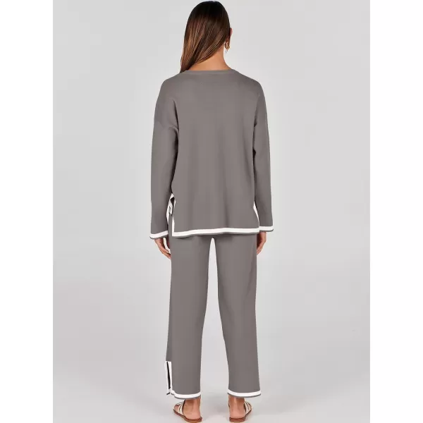 imageANRABESS Womens 2 Piece Outfits Long Sleeve Knit Sweater Top Wide Leg Pants Casual Lounge Sets Travel TracksuitsCoffee Grey