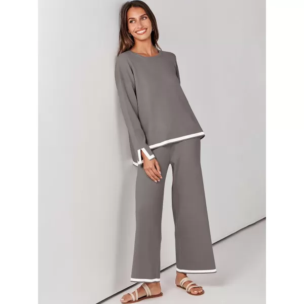 imageANRABESS Womens 2 Piece Outfits Long Sleeve Knit Sweater Top Wide Leg Pants Casual Lounge Sets Travel TracksuitsCoffee Grey