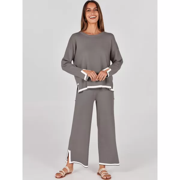 imageANRABESS Womens 2 Piece Outfits Long Sleeve Knit Sweater Top Wide Leg Pants Casual Lounge Sets Travel TracksuitsCoffee Grey