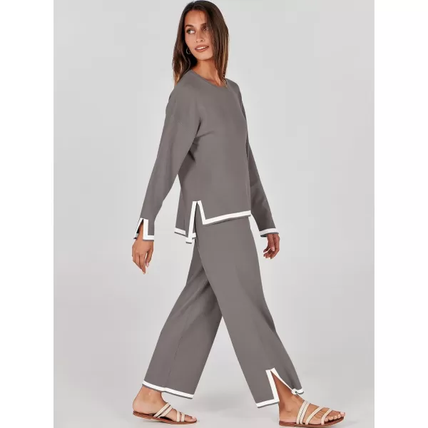 imageANRABESS Womens 2 Piece Outfits Long Sleeve Knit Sweater Top Wide Leg Pants Casual Lounge Sets Travel TracksuitsCoffee Grey