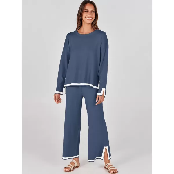 imageANRABESS Womens 2 Piece Outfits Long Sleeve Knit Sweater Top Wide Leg Pants Casual Lounge Sets Travel TracksuitsDusty Blue