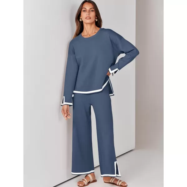 imageANRABESS Womens 2 Piece Outfits Long Sleeve Knit Sweater Top Wide Leg Pants Casual Lounge Sets Travel TracksuitsDusty Blue
