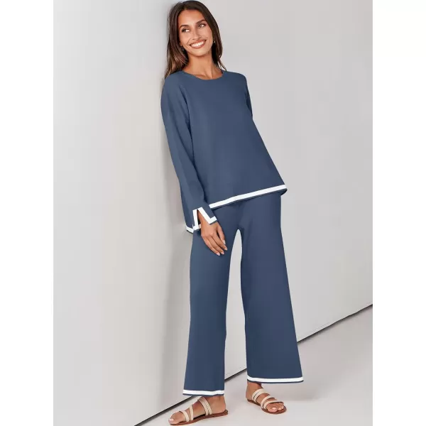 imageANRABESS Womens 2 Piece Outfits Long Sleeve Knit Sweater Top Wide Leg Pants Casual Lounge Sets Travel TracksuitsDusty Blue