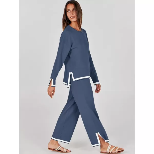 imageANRABESS Womens 2 Piece Outfits Long Sleeve Knit Sweater Top Wide Leg Pants Casual Lounge Sets Travel TracksuitsDusty Blue
