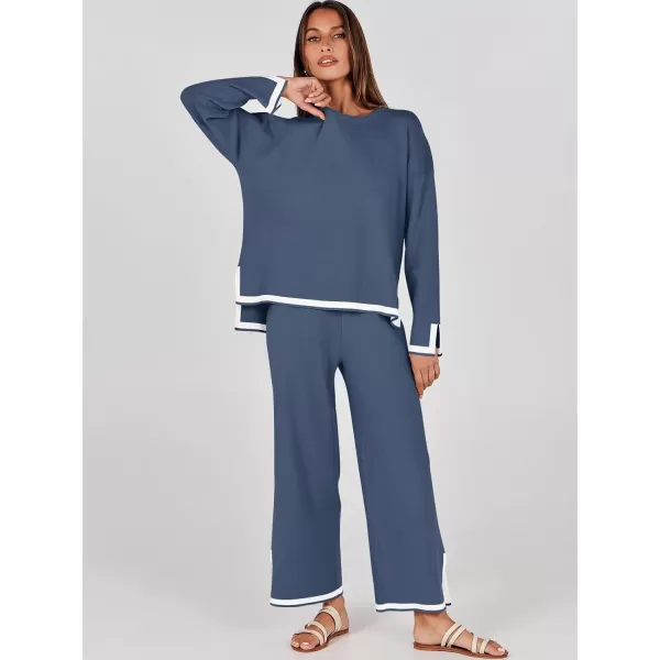 imageANRABESS Womens 2 Piece Outfits Long Sleeve Knit Sweater Top Wide Leg Pants Casual Lounge Sets Travel TracksuitsDusty Blue