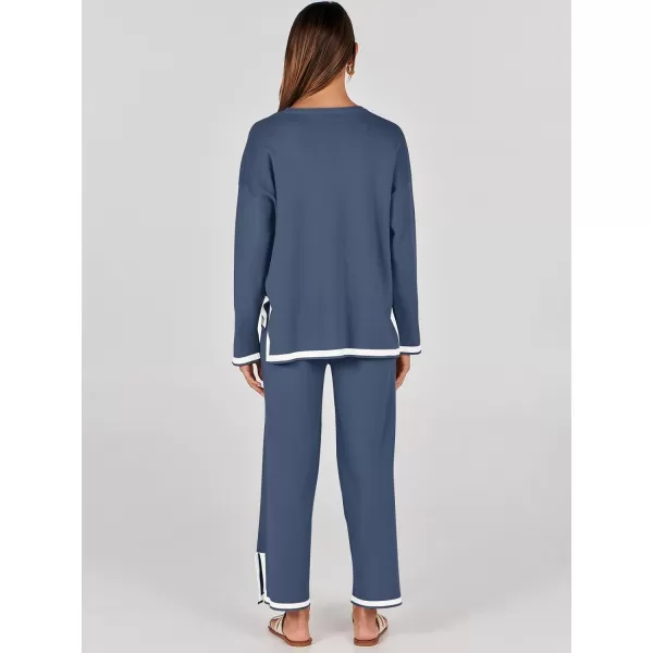 imageANRABESS Womens 2 Piece Outfits Long Sleeve Knit Sweater Top Wide Leg Pants Casual Lounge Sets Travel TracksuitsDusty Blue