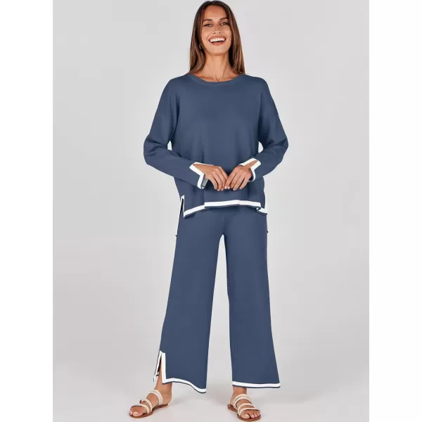 imageANRABESS Womens 2 Piece Outfits Long Sleeve Knit Sweater Top Wide Leg Pants Casual Lounge Sets Travel TracksuitsDusty Blue