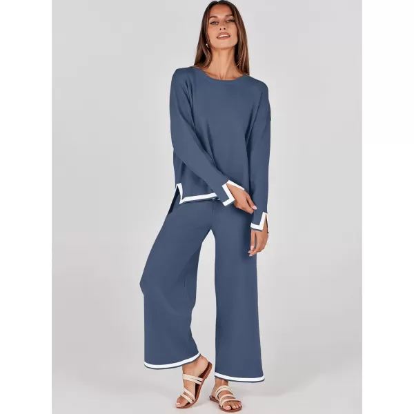 imageANRABESS Womens 2 Piece Outfits Long Sleeve Knit Sweater Top Wide Leg Pants Casual Lounge Sets Travel TracksuitsDusty Blue