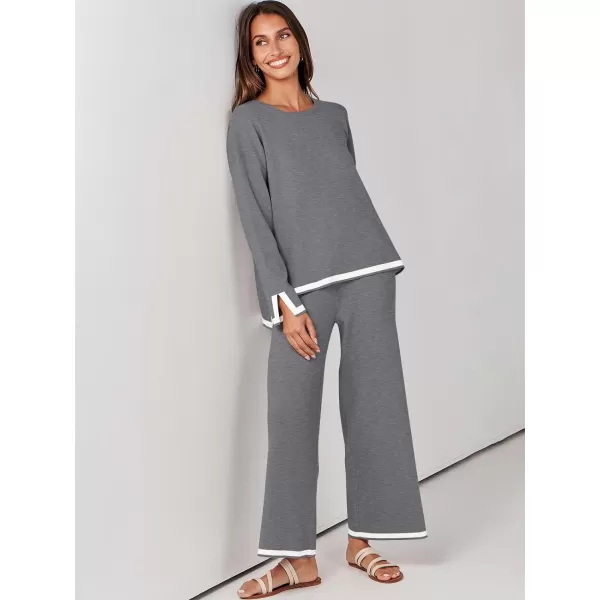 imageANRABESS Womens 2 Piece Outfits Long Sleeve Knit Sweater Top Wide Leg Pants Casual Lounge Sets Travel TracksuitsGrey