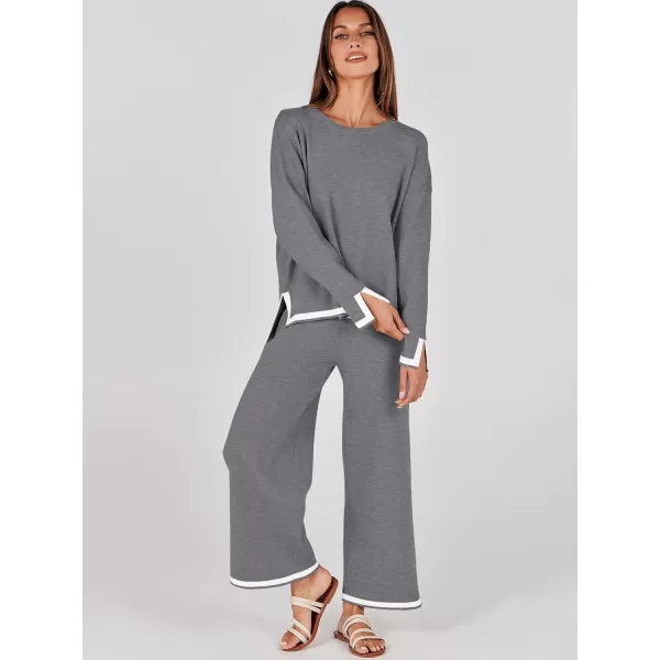 imageANRABESS Womens 2 Piece Outfits Long Sleeve Knit Sweater Top Wide Leg Pants Casual Lounge Sets Travel TracksuitsGrey