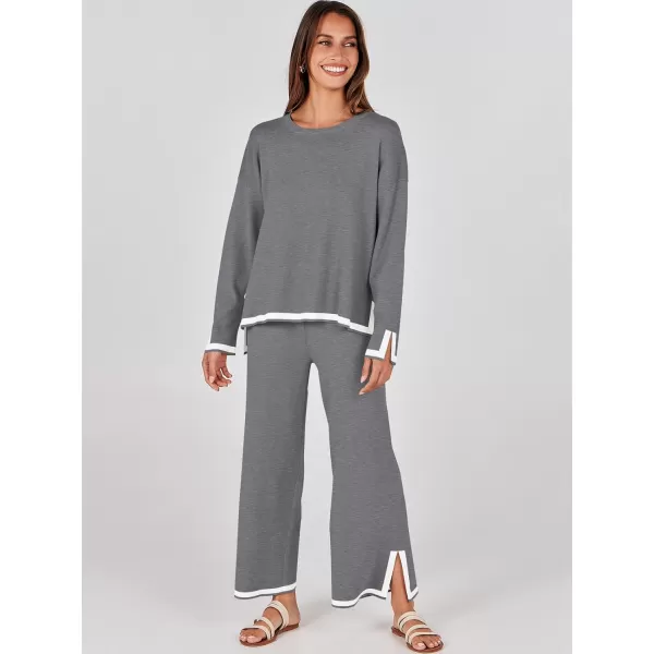imageANRABESS Womens 2 Piece Outfits Long Sleeve Knit Sweater Top Wide Leg Pants Casual Lounge Sets Travel TracksuitsGrey