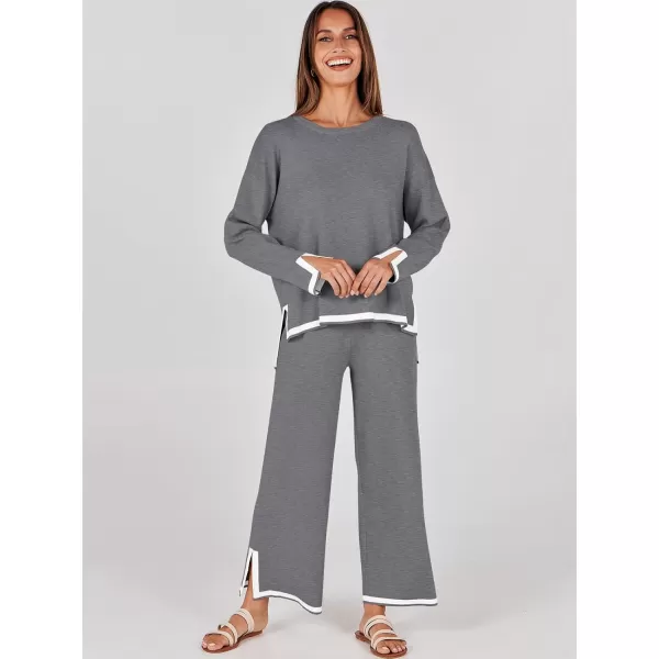 imageANRABESS Womens 2 Piece Outfits Long Sleeve Knit Sweater Top Wide Leg Pants Casual Lounge Sets Travel TracksuitsGrey