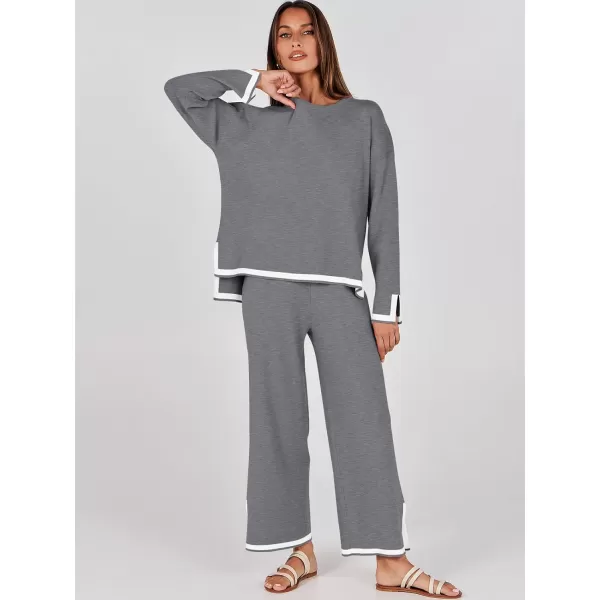 imageANRABESS Womens 2 Piece Outfits Long Sleeve Knit Sweater Top Wide Leg Pants Casual Lounge Sets Travel TracksuitsGrey