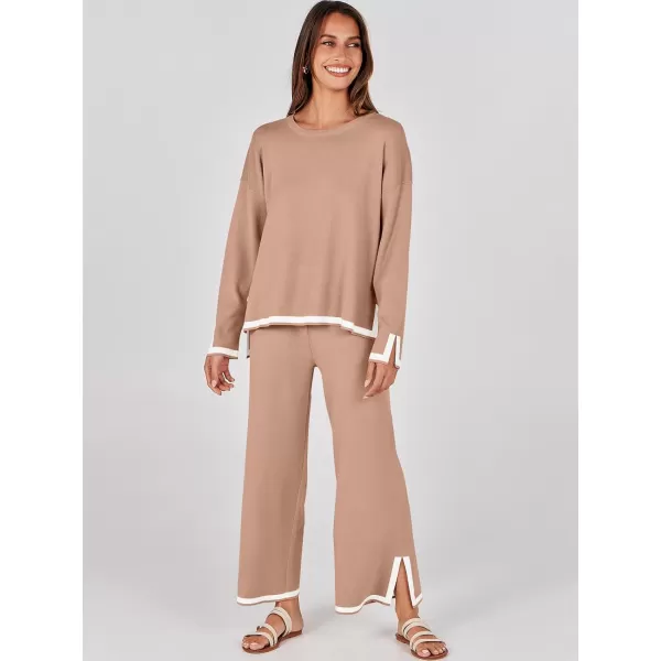 imageANRABESS Womens 2 Piece Outfits Long Sleeve Knit Sweater Top Wide Leg Pants Casual Lounge Sets Travel TracksuitsLight Camel