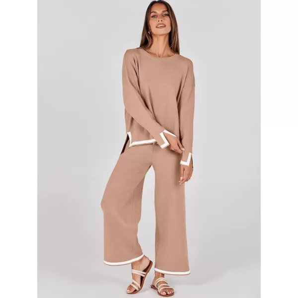 imageANRABESS Womens 2 Piece Outfits Long Sleeve Knit Sweater Top Wide Leg Pants Casual Lounge Sets Travel TracksuitsLight Camel