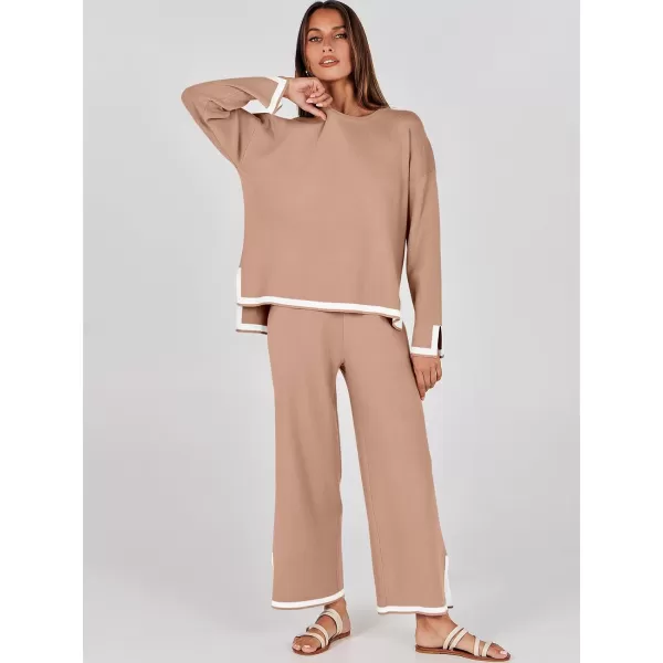 imageANRABESS Womens 2 Piece Outfits Long Sleeve Knit Sweater Top Wide Leg Pants Casual Lounge Sets Travel TracksuitsLight Camel