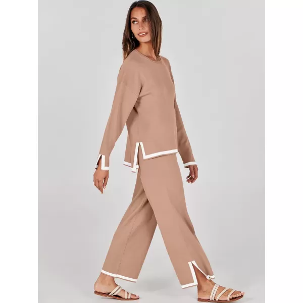 imageANRABESS Womens 2 Piece Outfits Long Sleeve Knit Sweater Top Wide Leg Pants Casual Lounge Sets Travel TracksuitsLight Camel