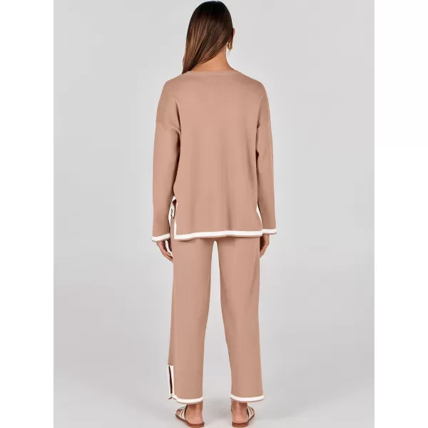 imageANRABESS Womens 2 Piece Outfits Long Sleeve Knit Sweater Top Wide Leg Pants Casual Lounge Sets Travel TracksuitsLight Camel