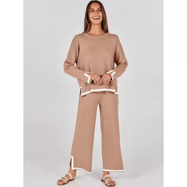 imageANRABESS Womens 2 Piece Outfits Long Sleeve Knit Sweater Top Wide Leg Pants Casual Lounge Sets Travel TracksuitsLight Camel