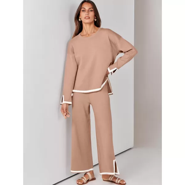imageANRABESS Womens 2 Piece Outfits Long Sleeve Knit Sweater Top Wide Leg Pants Casual Lounge Sets Travel TracksuitsLight Camel