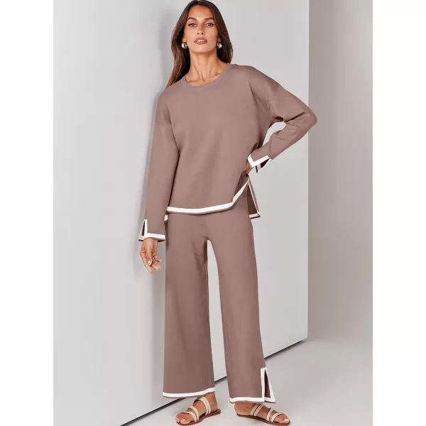 imageANRABESS Womens 2 Piece Outfits Long Sleeve Knit Sweater Top Wide Leg Pants Casual Lounge Sets Travel TracksuitsNutmeg