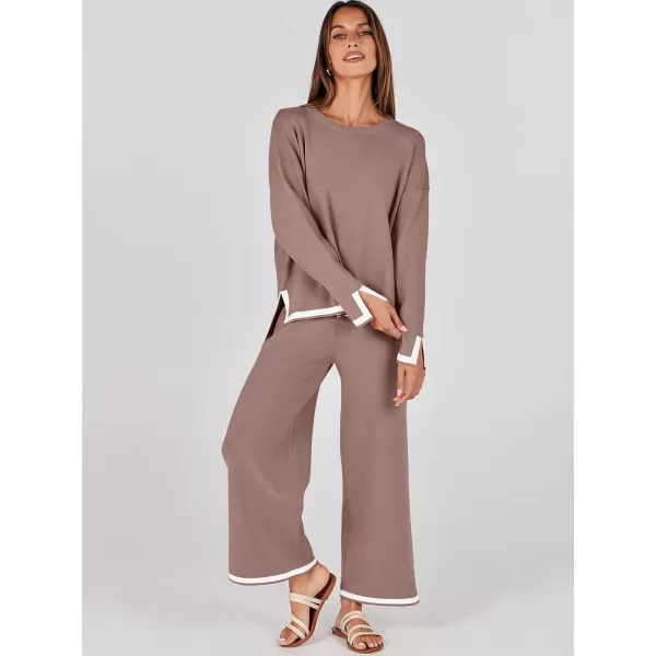 imageANRABESS Womens 2 Piece Outfits Long Sleeve Knit Sweater Top Wide Leg Pants Casual Lounge Sets Travel TracksuitsNutmeg